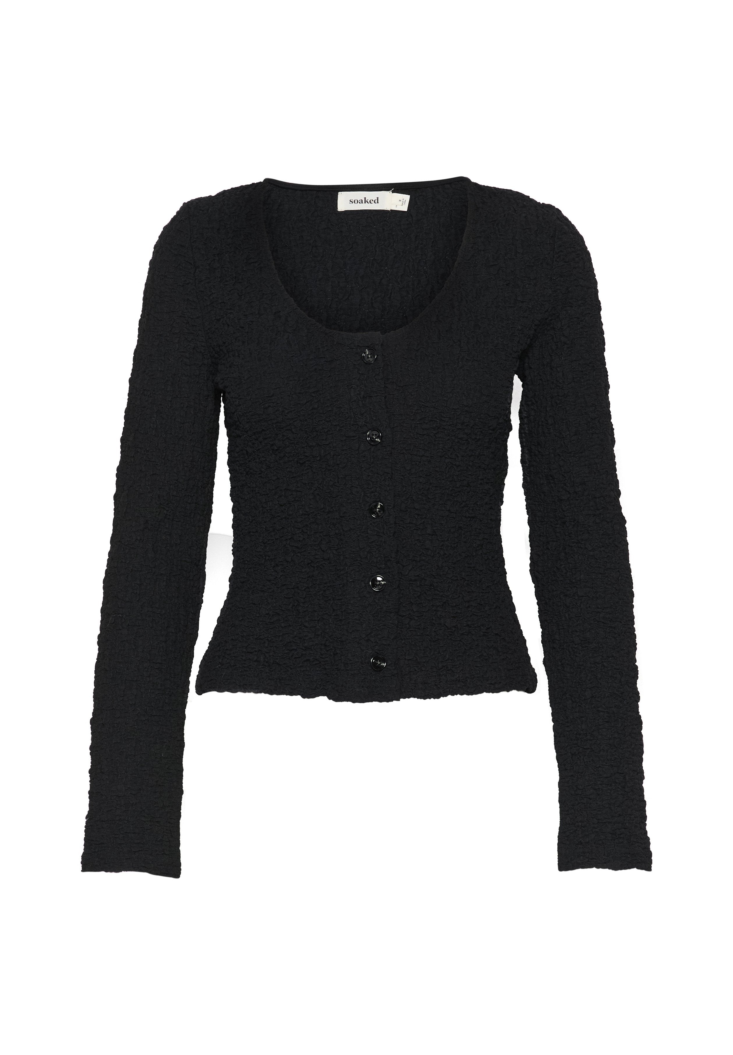 Schwarze, strukturierte Strickjacke mit rundem Ausschnitt, langen Ärmeln und geradem Saum. Verfügt über sechs schwarze Knöpfe auf der Vorderseite.