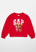 Rotes Sweatshirt mit einem auffälligen "GAP"-Logo und Comicfiguren, darunter der Grinch und ein Rentier, in leuchtenden Farben gedruckt. Weicher Stoff, lockere Passform.