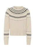 Beige gestrickter Pullover mit rundem Halsausschnitt, langen Ärmeln und einer gemusterten Passe in Dunkelblau mit geometrischem Design und geripptem Saum.