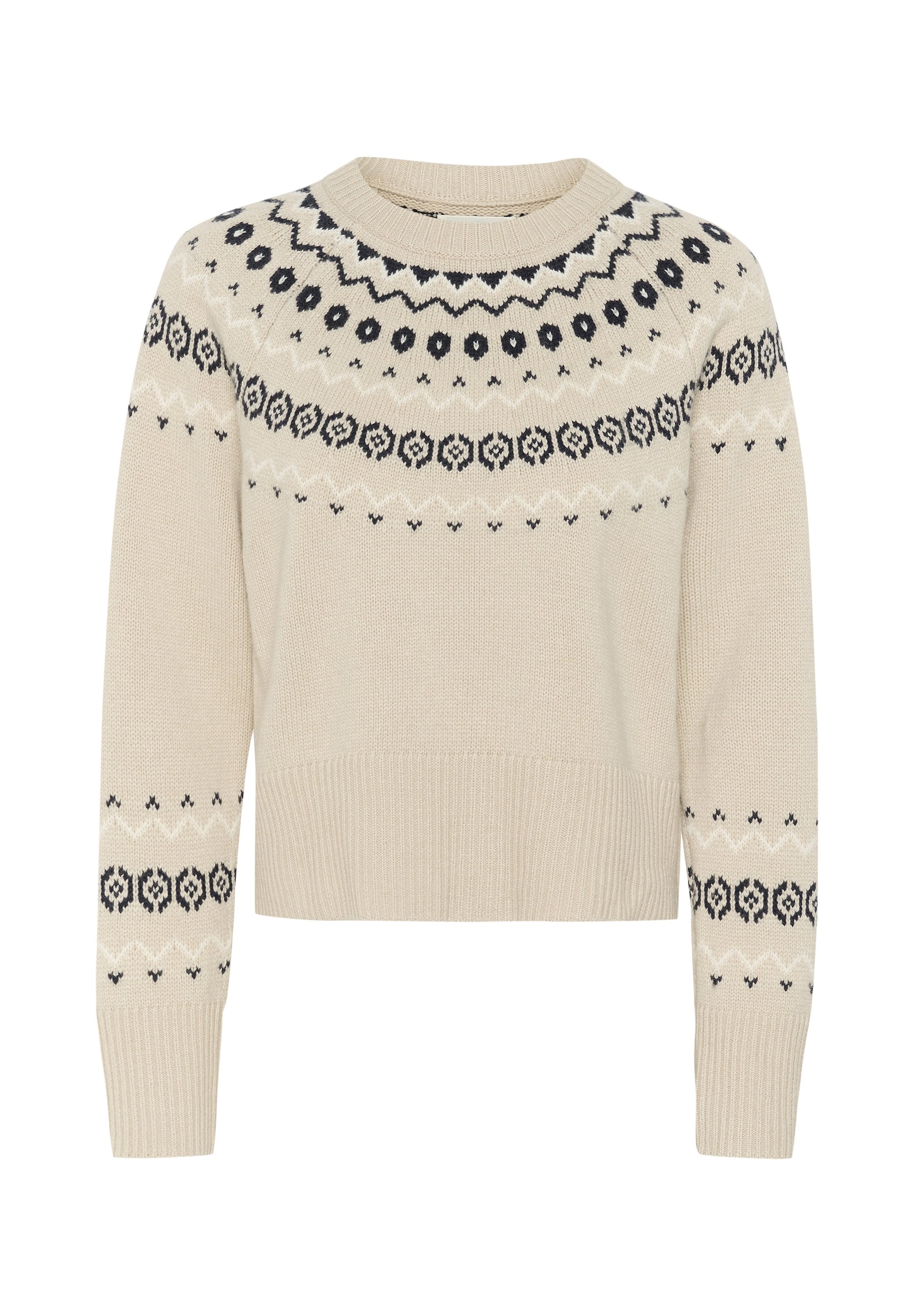 Beige gestrickter Pullover mit rundem Halsausschnitt, langen Ärmeln und einer gemusterten Passe in Dunkelblau mit geometrischem Design und geripptem Saum.
