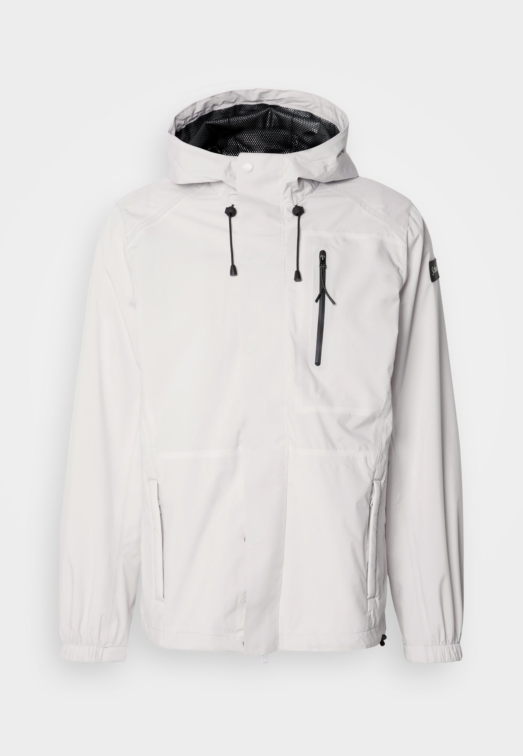 Weiße wasserdichte Jacke mit Kapuze, ausgestattet mit schwarzen Reißverschlusstaschen, verstellbaren Kordelzügen und elastischen Bündchen. Glatte Oberfläche, leichtes Design.