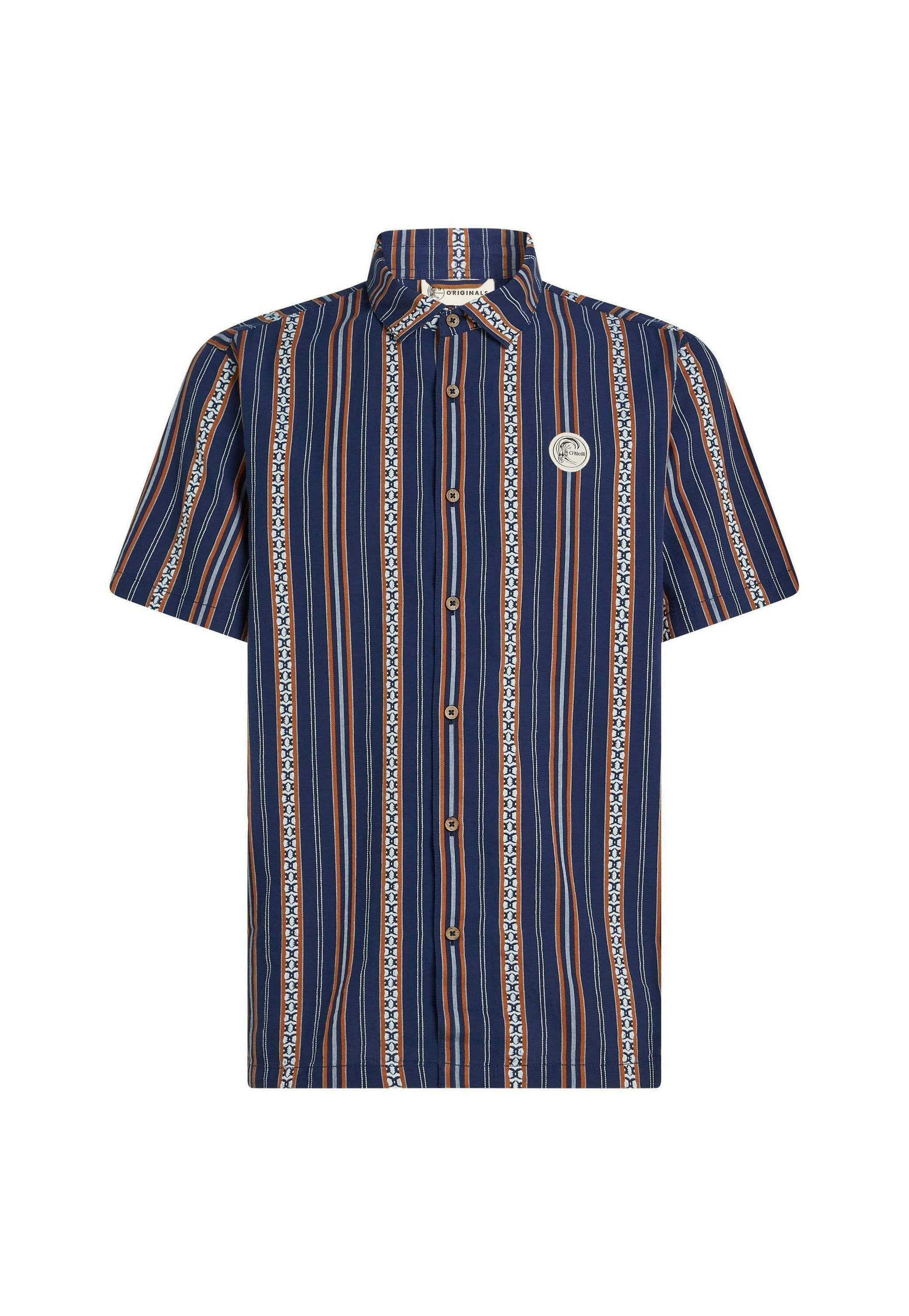Kurzärmeliges Hemd mit Knopfleiste in Marineblau mit vertikalen Streifen, orangefarbenen und weißen Akzenten sowie einem runden Logo-Patch auf der Brust.