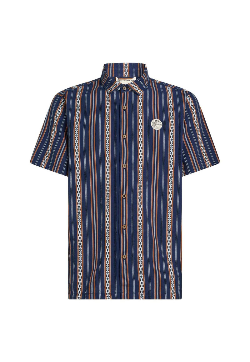 Kurzärmeliges Hemd mit Knopfleiste in Marineblau mit vertikalen Streifen, orangefarbenen und weißen Akzenten sowie einem runden Logo-Patch auf der Brust.