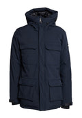 Marineblaue, isolierte Jacke mit Kapuze. Verfügt über vier Fronttaschen, einen Reißverschluss und eine strukturierte Stoffoberfläche für Wärme und Komfort.