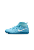 Nike Fußballschuhe aus leuchtend blauem Material mit weißen Akzenten, niedriger Schnitt, strukturierten Oberflächen und einem gepolsterten Kragen für zusätzlichen Halt.