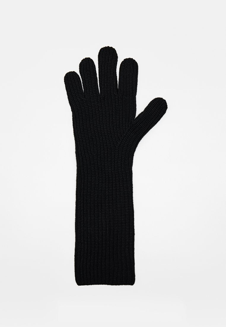 Schwarzer gestrickter Handschuh mit fünf Finger Design, geripptem Muster und langem Bündchen für zusätzlichen Schutz. Geeignet für kaltes Wetter.