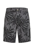 Schwarze und graue Cargo-Shorts mit einem tropischen Blattmuster, Knopfverschluss, Seitentaschen und einer strapazierfähigen Stoffstruktur.