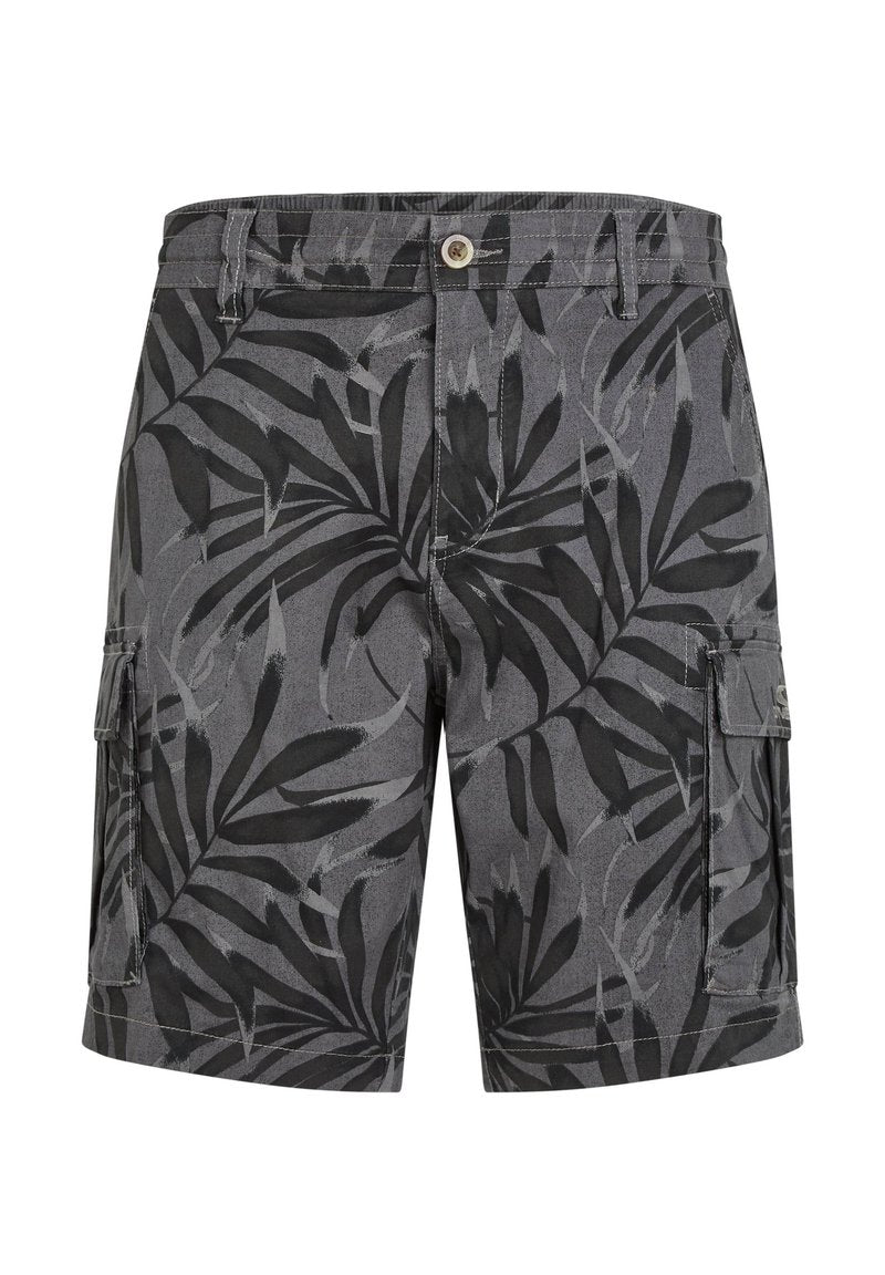 Schwarze und graue Cargo-Shorts mit einem tropischen Blattmuster, Knopfverschluss, Seitentaschen und einer strapazierfähigen Stoffstruktur.