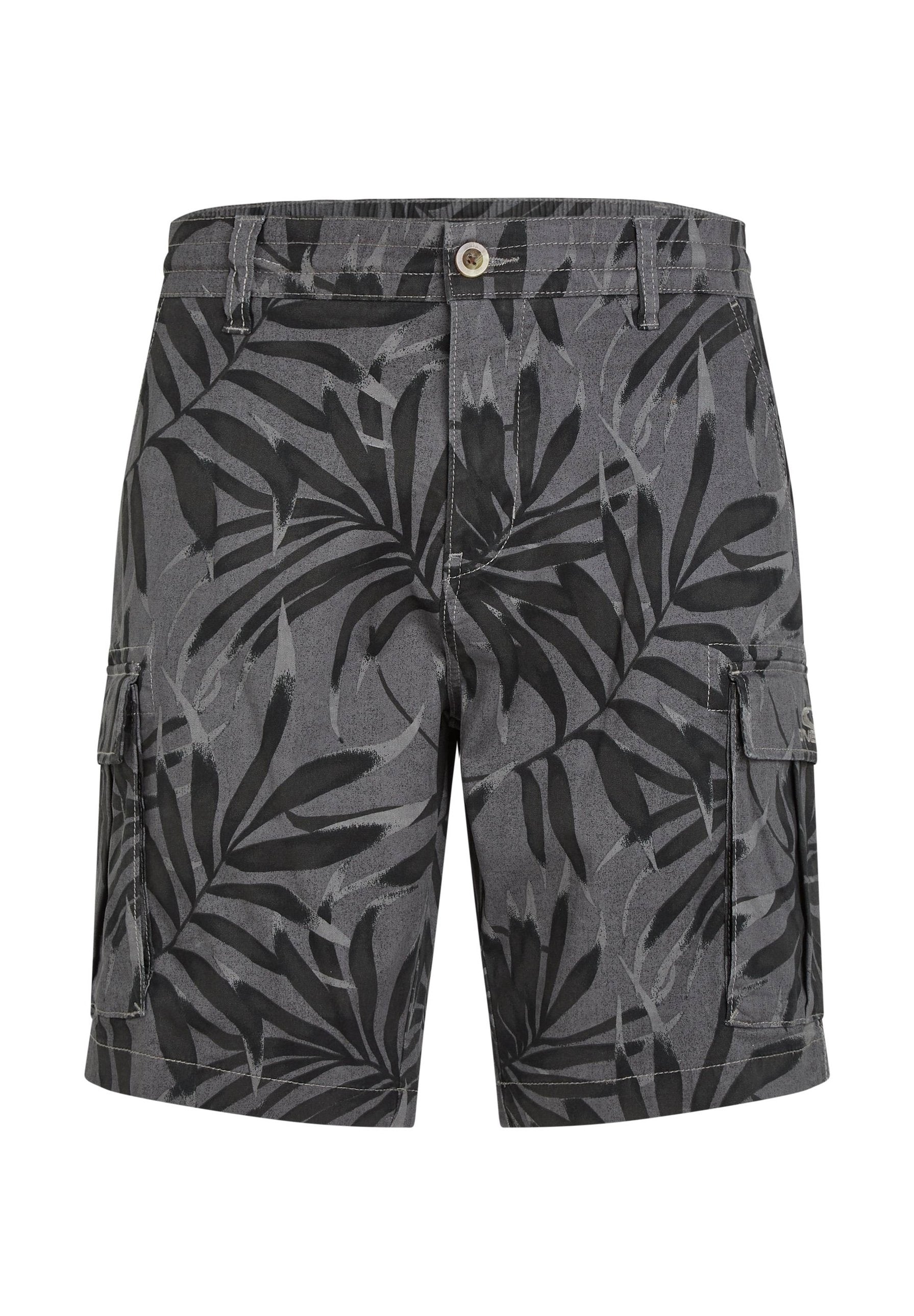 Schwarze und graue Cargo-Shorts mit einem tropischen Blattmuster, Knopfverschluss, Seitentaschen und einer strapazierfähigen Stoffstruktur.