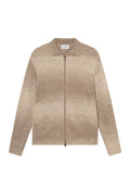 Beige Strickjacke mit Reißverschluss, geripptem Kragen und Saum, mit einem Ombre-Effekt von hell- nach dunkelbeige. Weicher Stoff und lange Ärmel.