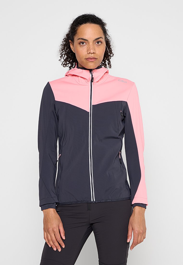 Kapuzensweatjacke mit tailliertem Schnitt, erhältlich in Pink- und Marinefarbblöcken, mit Frontreißverschluss und Reißverschlusstaschen. Hergestellt aus leichtem, atmungsaktivem Material.