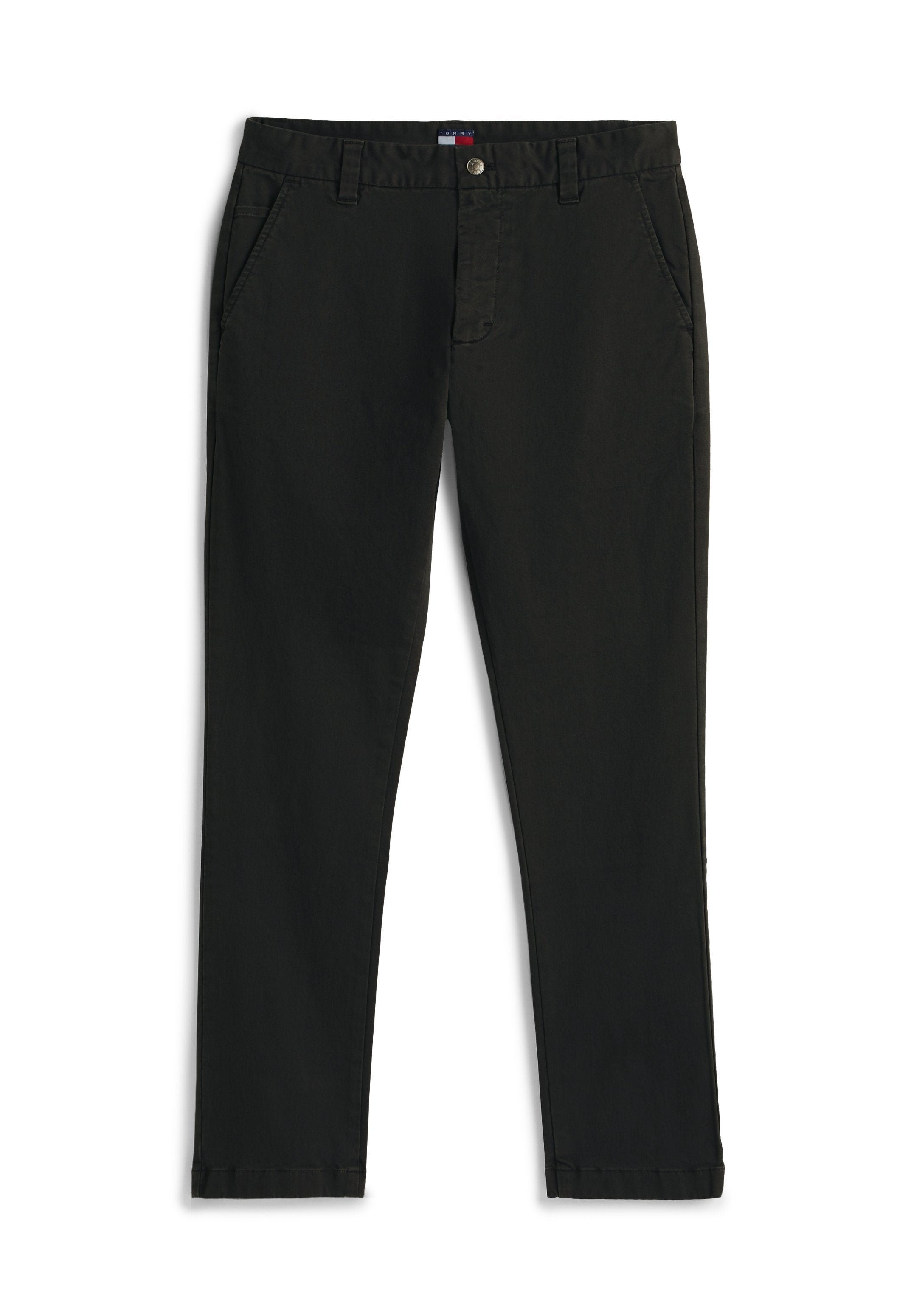 Schwarze Slim-Fit-Hose mit Gürtelschlaufen, vorne mit Knopf- und Reißverschluss, Seitentaschen und einem kleinen Markenlabel innen im Bund.