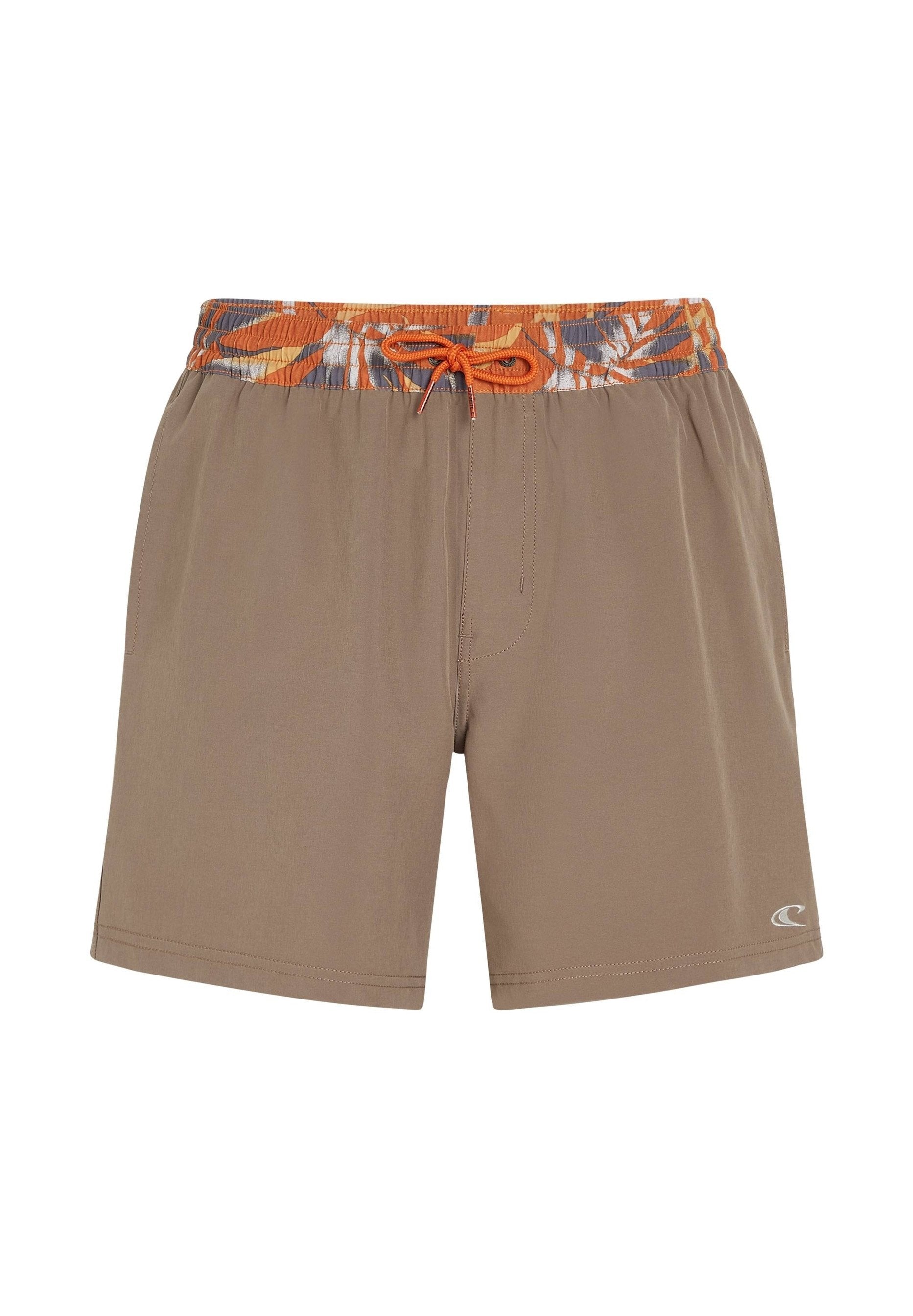 Hellbraune Badehose mit elastischem Bund, gemusterter oranger und grauer Krawatte sowie Seitentasche. Glatter Stoff, lässige Passform.