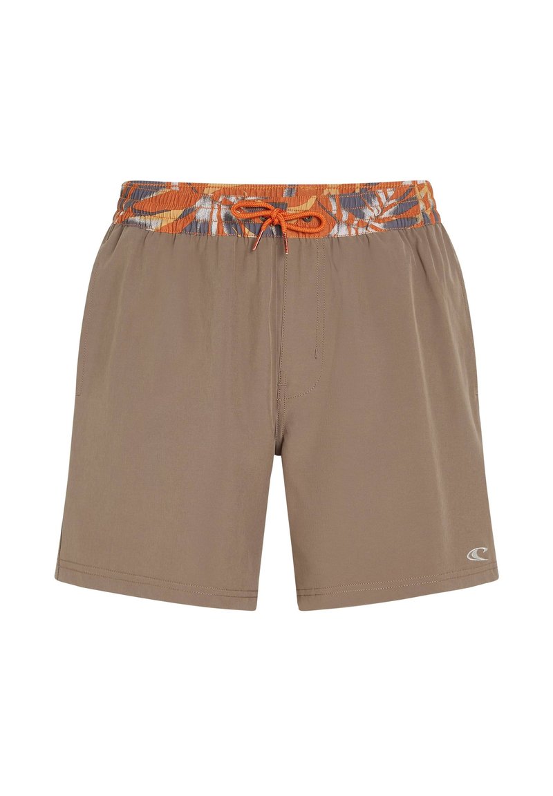 Hellbraune Badehose mit elastischem Bund, gemusterter oranger und grauer Krawatte sowie Seitentasche. Glatter Stoff, lässige Passform.