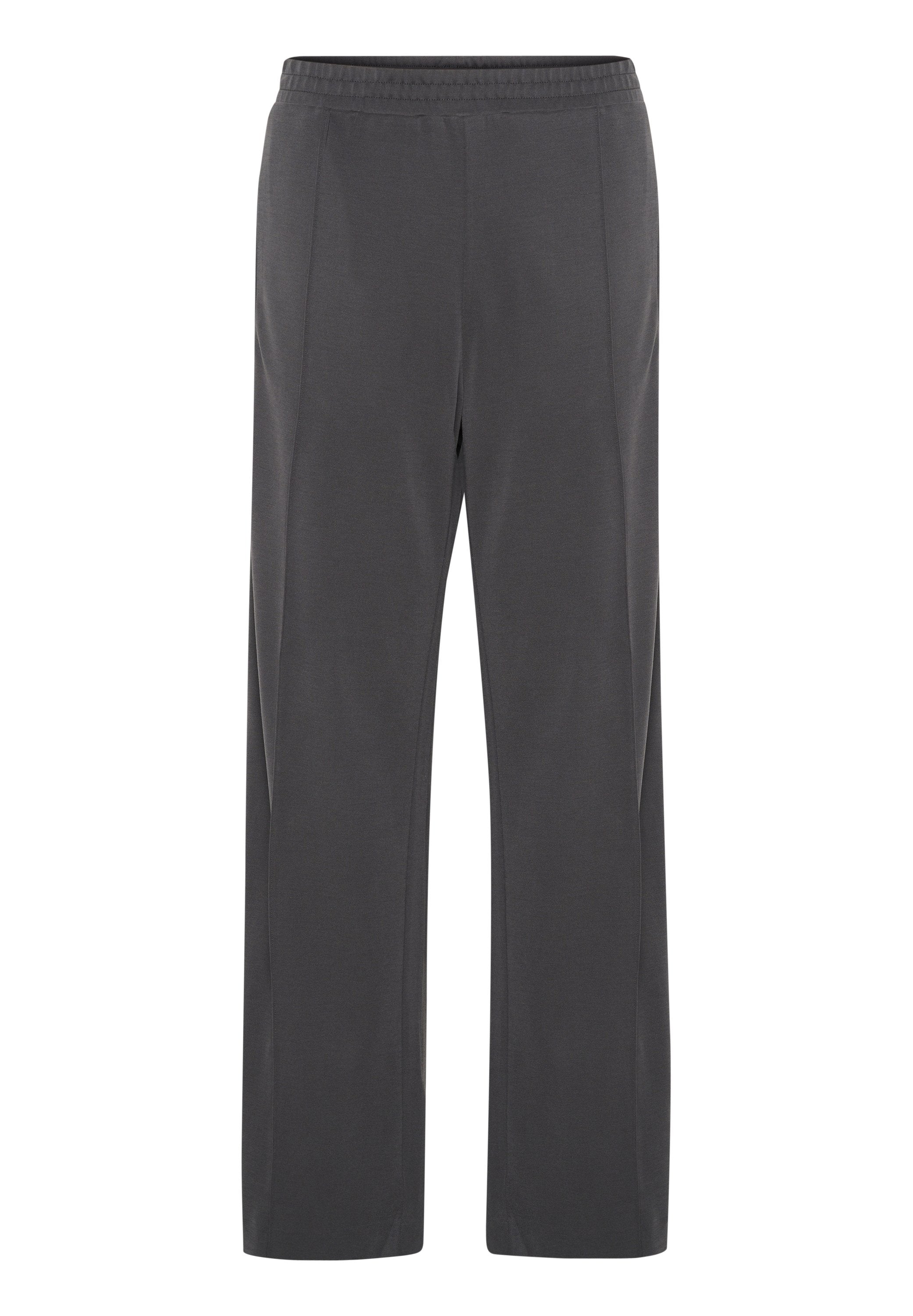 Dunkelgraue weit geschnittene Hosen aus einem weichen Material mit elastischem Bund und ohne sichtbare Taschen oder Beschläge, die klare, gerade Linien aufweisen.