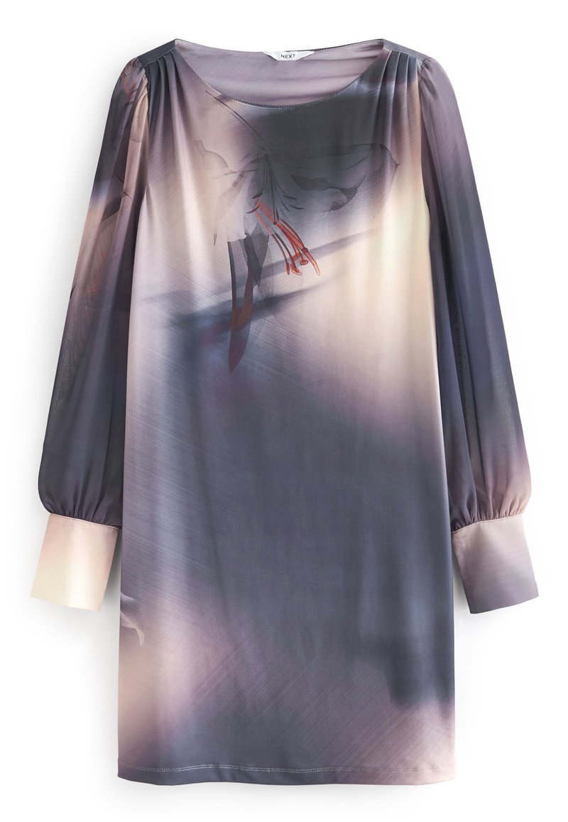 Langärmliges Kleid mit gepufften Manschetten, rundem Ausschnitt und Farbverlauf in Lila, Grau und Beige mit subtilen Blumenmustern.