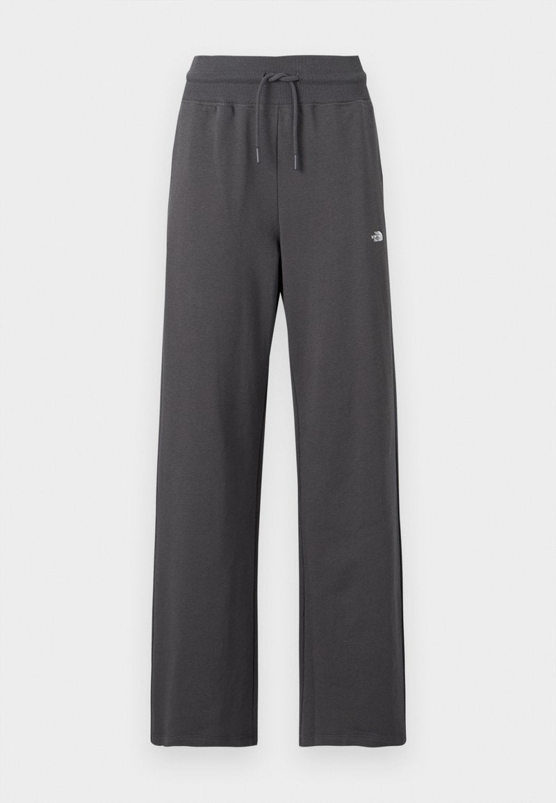 Dunkelgraue Sweatpants mit weitem Bein, geripptem elastischem Bund und Kordelzug, mit kleinem weißem Logo am rechten Oberschenkel.