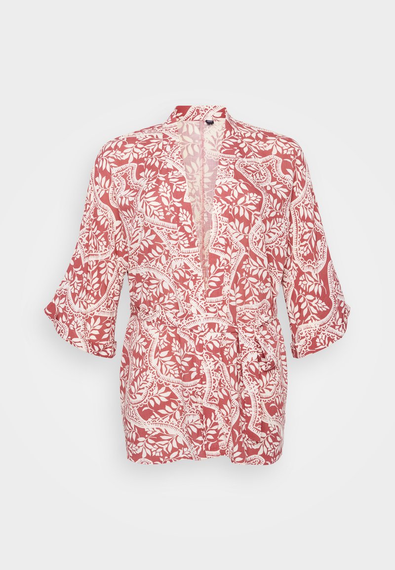 Rote und weiße kimonoartige Jacke mit floralem und rankenartigem Muster, aus leichtem Stoff, offener Vorderseite und dreiviertellangen Ärmeln.
