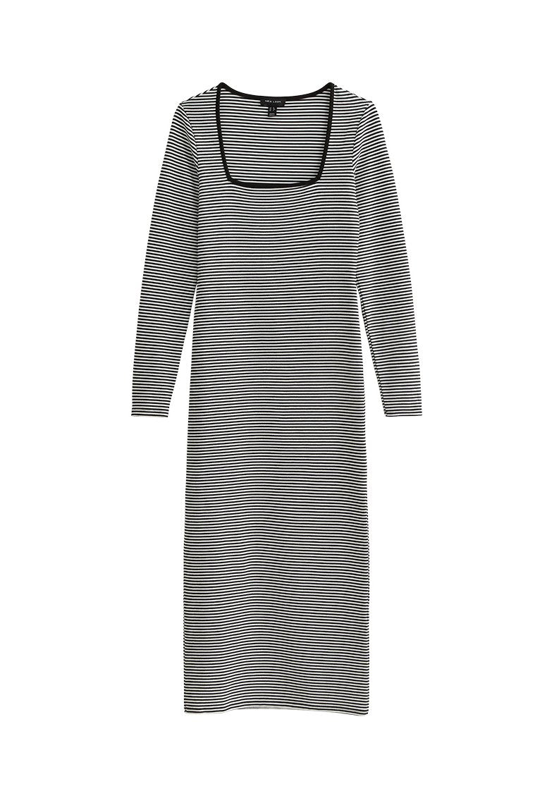 Gestreiftes Kleid mit quadratischem Ausschnitt, langen Ärmeln und taillierter Silhouette. Merkmale dünne schwarz-weiße horizontale Streifen.