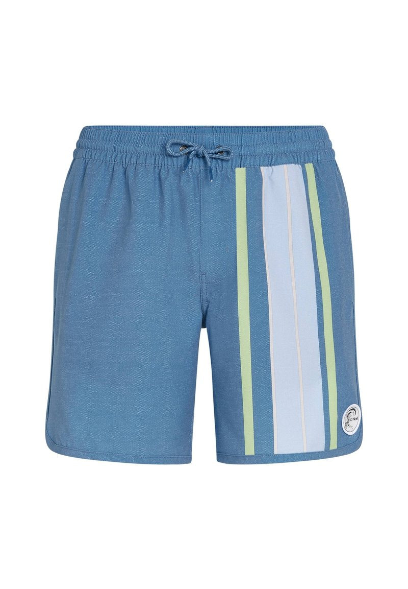 Blaue Schwimmshorts mit elastischem Bund und Kordelzug, die auf einer Seite vertikale Streifen in Hellblau, Grün und Weiß aufweisen.