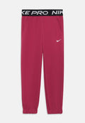Eng anliegende Jogginghose aus tiefrosa Stoff. Sie verfügt über einen schwarzen elastischen Bund mit "NIKE PRO"-Schriftzug und einem weißen Nike-Logo. Zwei Seitentaschen.
