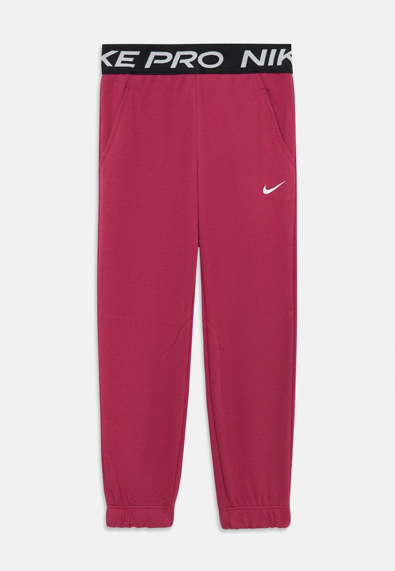 Eng anliegende Jogginghose aus tiefrosa Stoff. Sie verfügt über einen schwarzen elastischen Bund mit "NIKE PRO"-Schriftzug und einem weißen Nike-Logo. Zwei Seitentaschen.