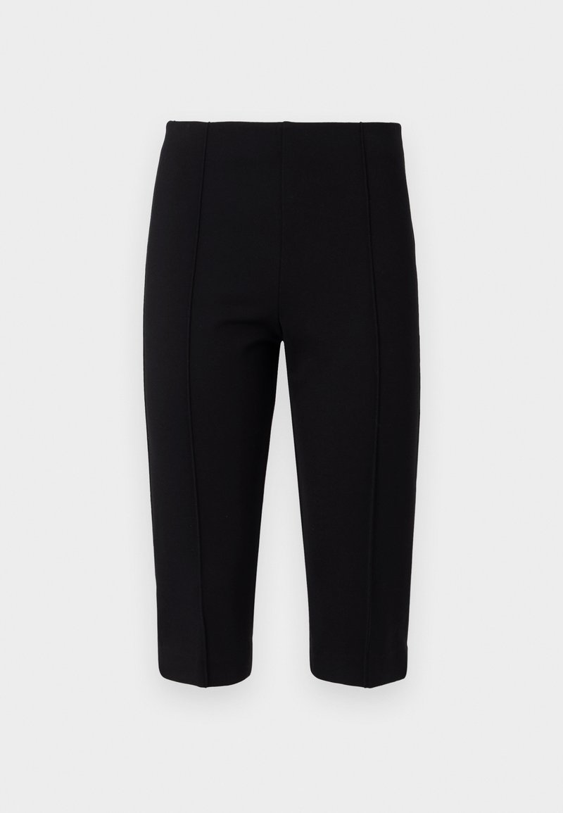 Schwarze, taillierte Hosen aus dehnbarem Stoff, mit Nahtdetails an der Vorderseite und einer figurbetonten Schnittführung, die eine glatte Silhouette bietet.