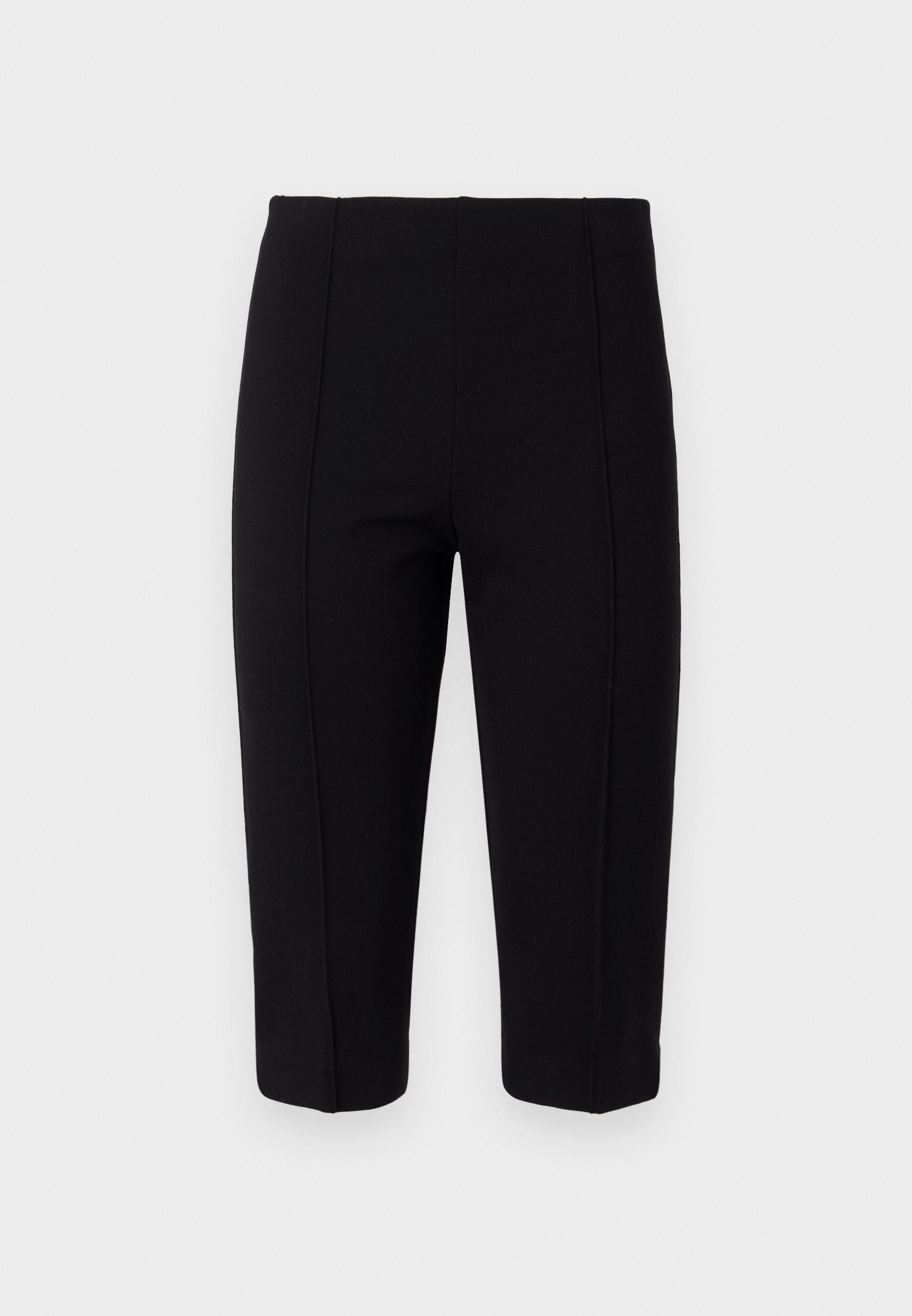 Schwarze, taillierte Hosen aus dehnbarem Stoff, mit Nahtdetails an der Vorderseite und einer figurbetonten Schnittführung, die eine glatte Silhouette bietet.