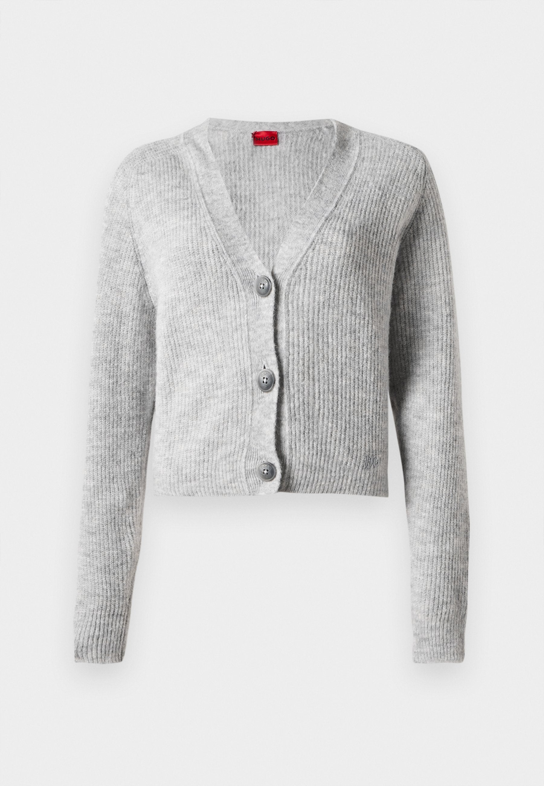 Grauer, gerippter Cardigan mit langen Ärmeln, V-Ausschnitt und drei Knopfverschluss. Verfügt über ein kurzes Design und eine weiche Textur.