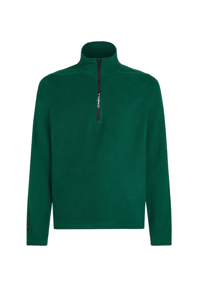 Grüner Fleece-Pullover mit hohem Reißverschlusskragen. Verfügt über einen schwarzen Reißverschluss und ein schwarzes "Polartec"-Logo am Ärmel. Weiche Textur.