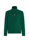 Grüner Fleece-Pullover mit hohem Reißverschlusskragen. Verfügt über einen schwarzen Reißverschluss und ein schwarzes "Polartec"-Logo am Ärmel. Weiche Textur.