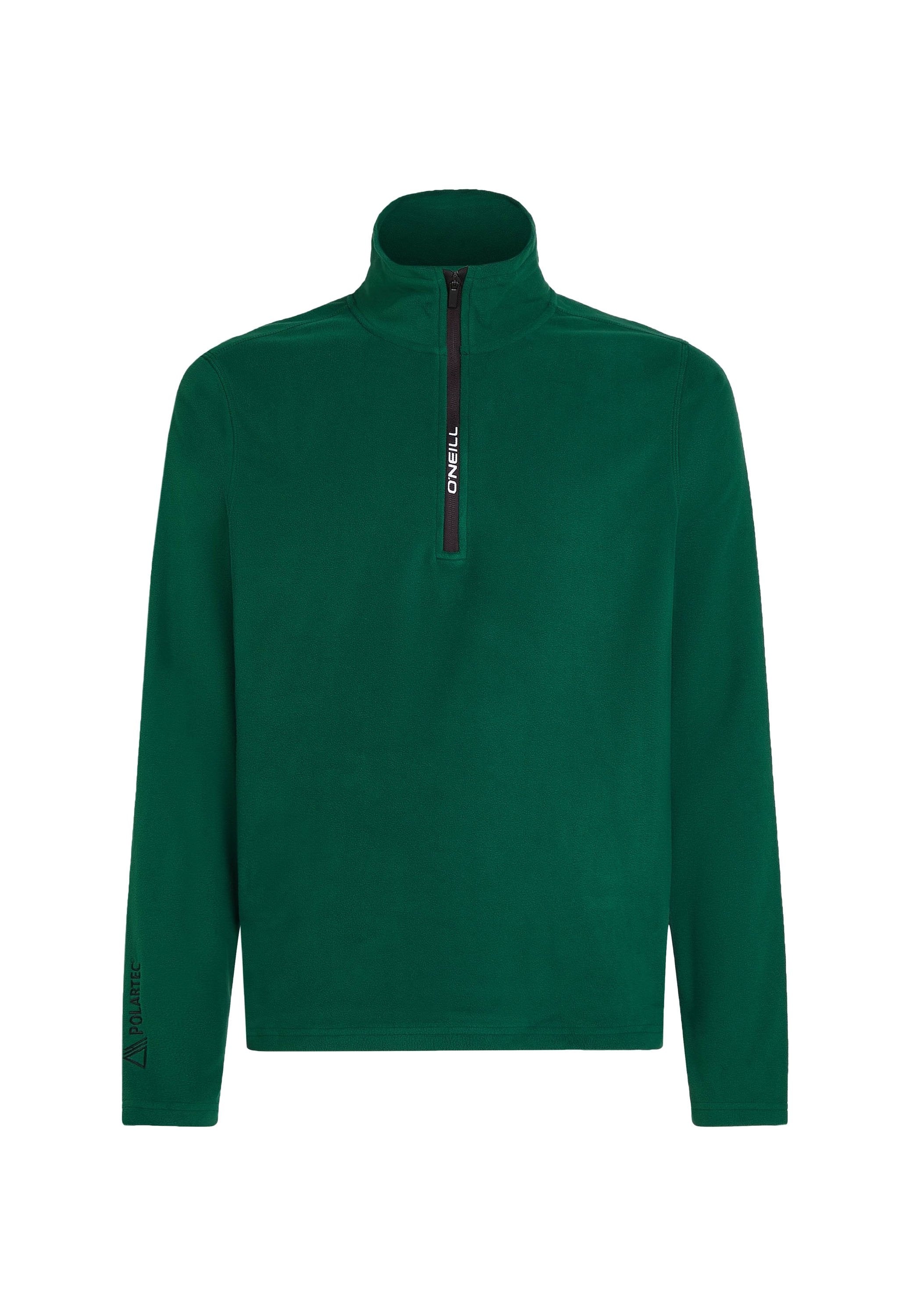Grüner Fleece-Pullover mit hohem Reißverschlusskragen. Verfügt über einen schwarzen Reißverschluss und ein schwarzes "Polartec"-Logo am Ärmel. Weiche Textur.