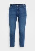 Blaue Jeans aus Denim mit mittelhohem Bund, Fünf-Taschen-Design und geradem Bein. Mit Steppnähten und Metallakzenten.