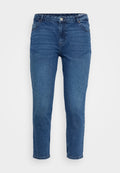 Blaue Jeans aus Denim mit mittelhohem Bund, Fünf-Taschen-Design und geradem Bein. Mit Steppnähten und Metallakzenten.