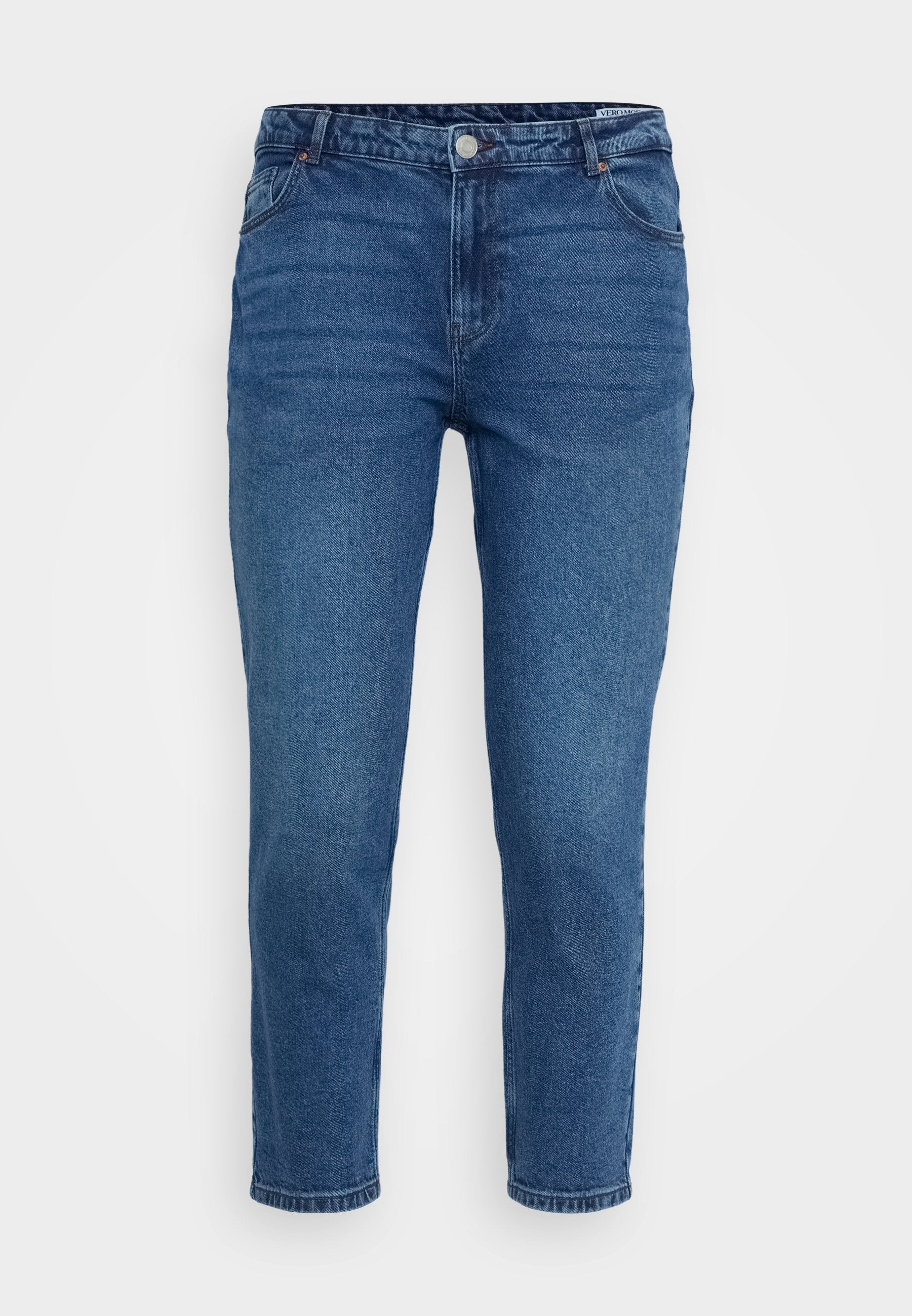 Blaue Jeans aus Denim mit mittelhohem Bund, Fünf-Taschen-Design und geradem Bein. Mit Steppnähten und Metallakzenten.