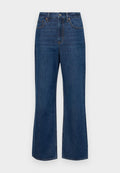Blaue Denim-Jeans mit hoher Taille, weitem Bein und orangenen Nähten. Verfügt über ein klassisches Fünf-Taschen-Design und einen Metallknopfverschluss.