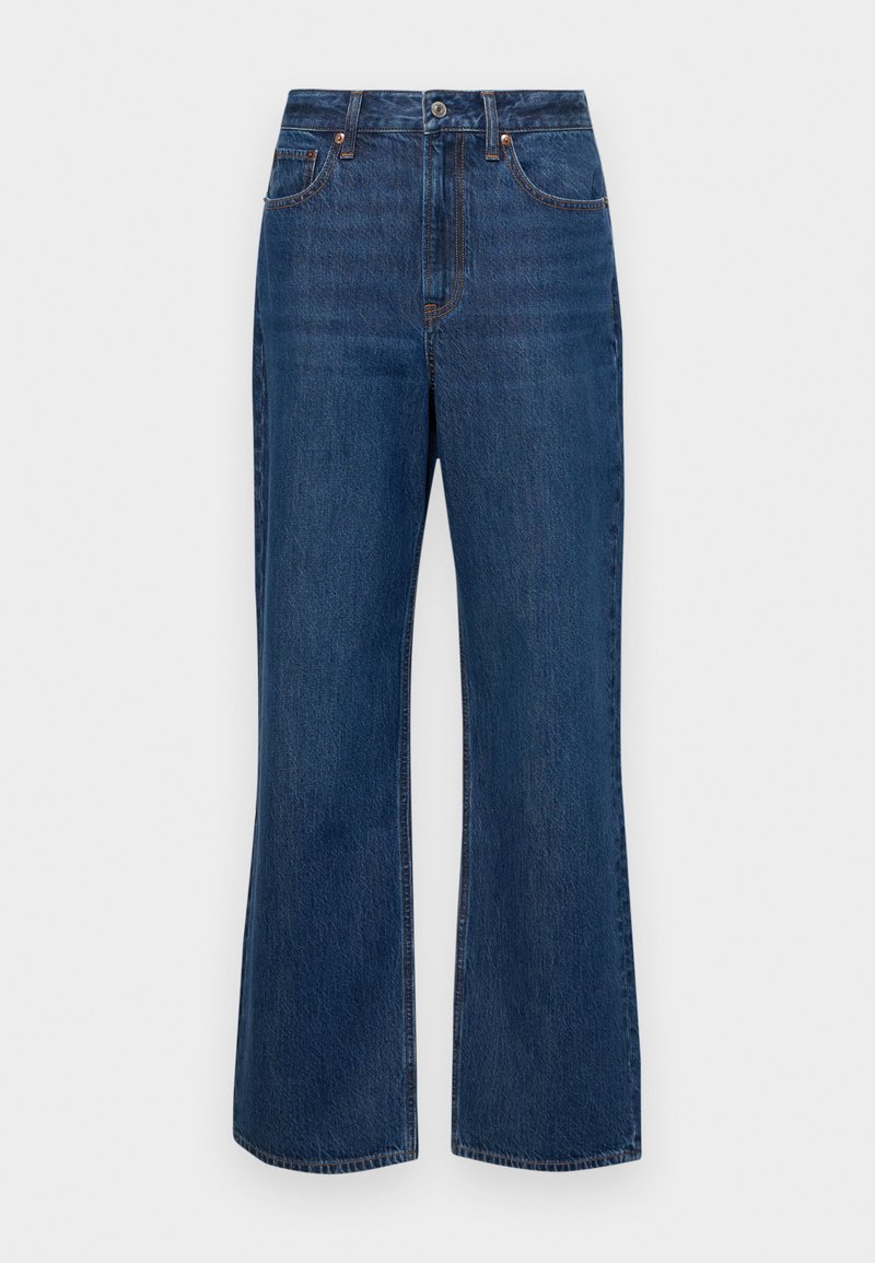 Blaue Denim-Jeans mit hoher Taille, weitem Bein und orangenen Nähten. Verfügt über ein klassisches Fünf-Taschen-Design und einen Metallknopfverschluss.