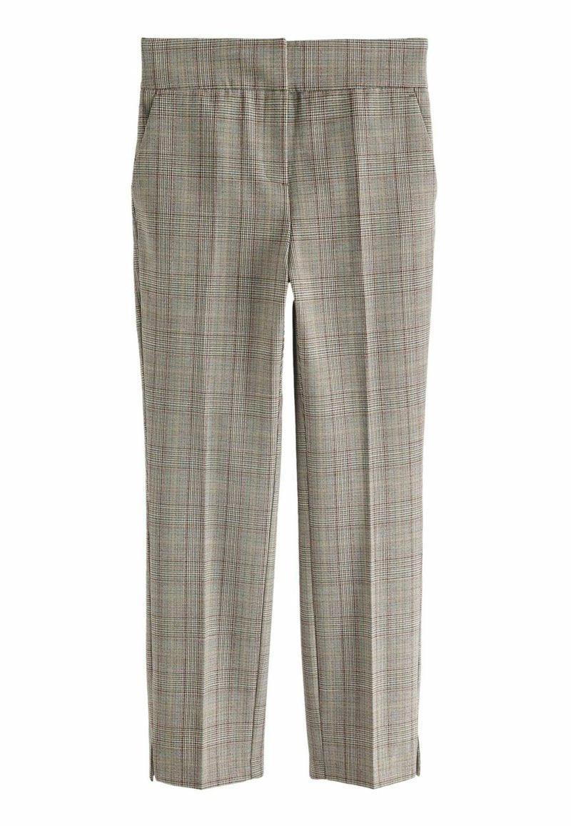 Grau karierte Hose mit einem lockeren Schnitt, breitem Bund, Seitentaschen und einem dezenten Karomuster mit roten Akzenten.