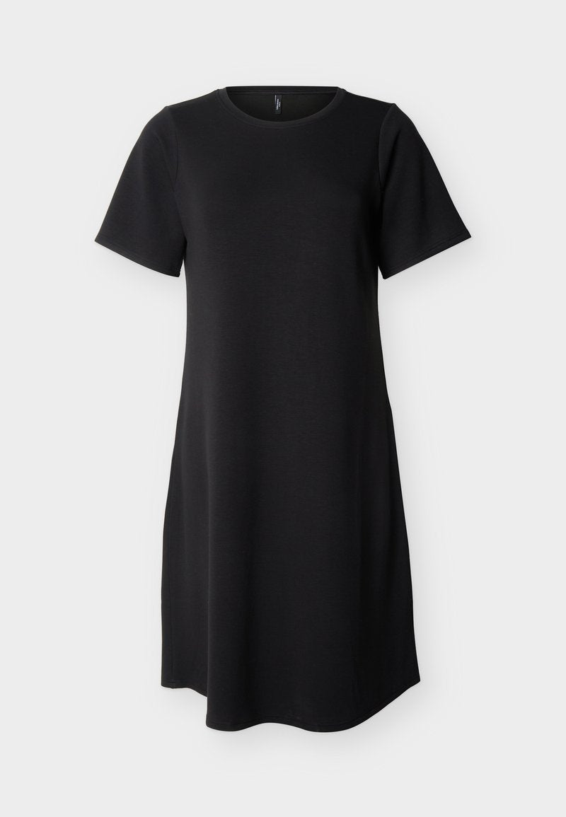 Schwarzes, kurzärmliges knielanges Kleid mit rundem Ausschnitt, geradem Schnitt und glattem Stoff, auf weißem Hintergrund dargestellt.