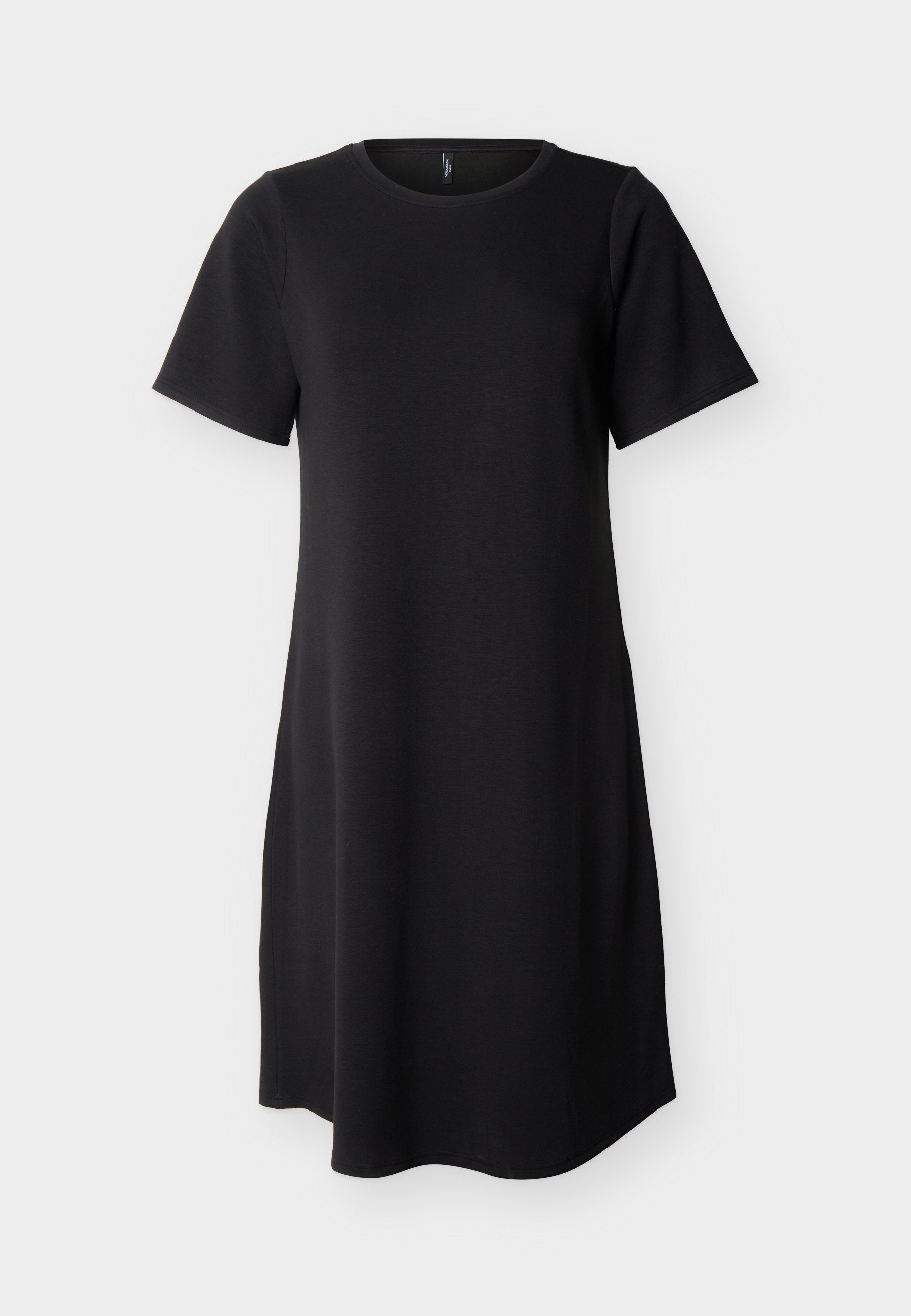 Schwarzes, kurzärmliges knielanges Kleid mit rundem Ausschnitt, geradem Schnitt und glattem Stoff, auf weißem Hintergrund dargestellt.