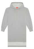 Helles graues langes Kapuzenkleid mit vorderer Kängurutasche, Kordelzugkapuze, gerippten Bündchen und weißem Saumstreifen, Diesel-Logo am Halsausschnitt.
