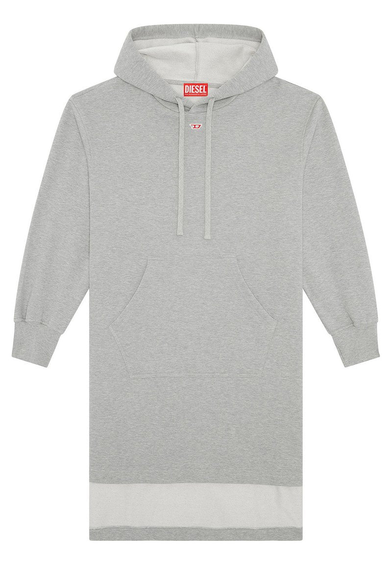 Helles graues langes Kapuzenkleid mit vorderer Kängurutasche, Kordelzugkapuze, gerippten Bündchen und weißem Saumstreifen, Diesel-Logo am Halsausschnitt.