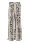 Bequeme Hosen mit weitem Bein im Schlangenmuster, aus leichtem Stoff gefertigt. Die Farben umfassen Beige, Schwarz und Grau mit einer glatten Textur.
