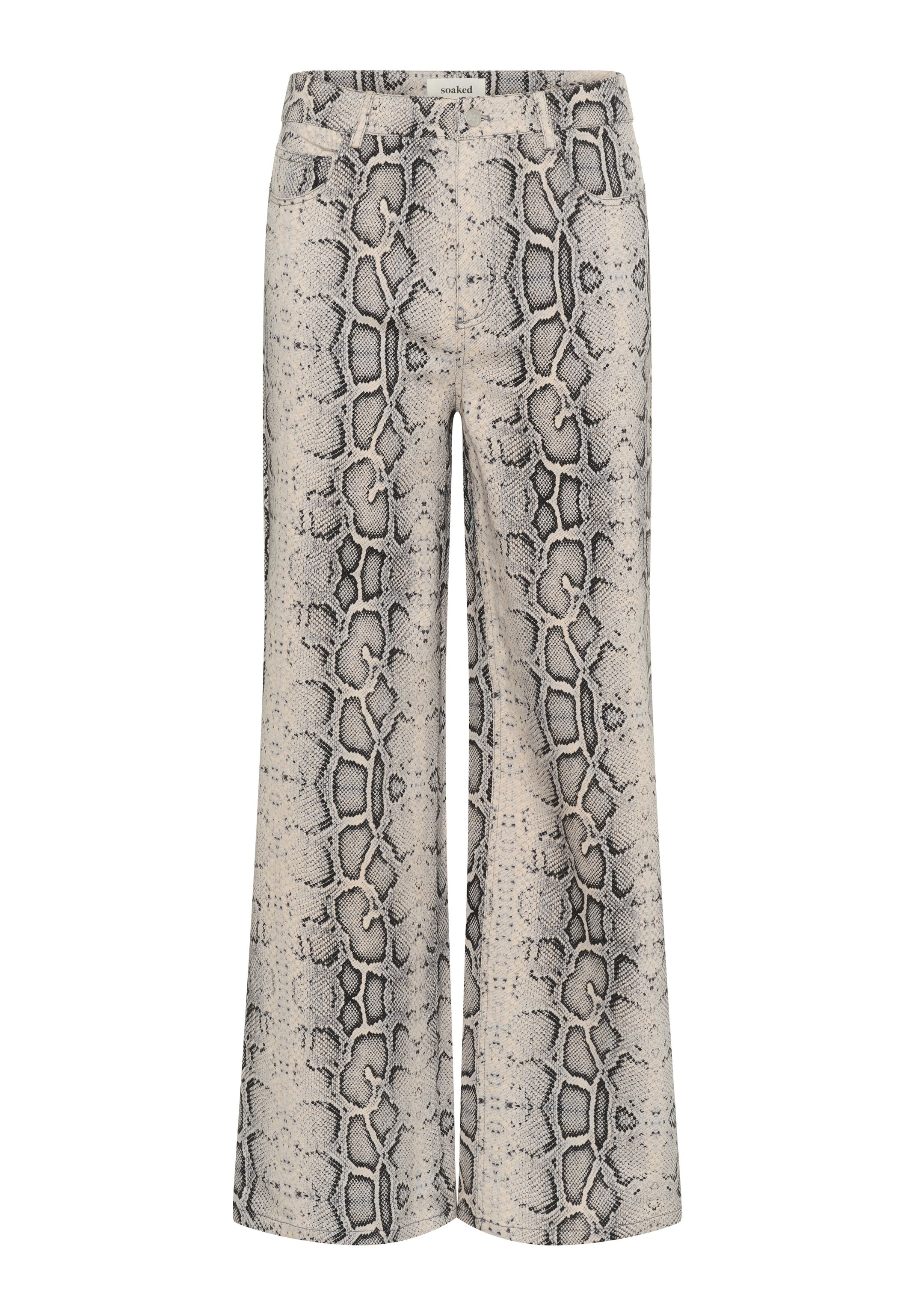 Bequeme Hosen mit weitem Bein im Schlangenmuster, aus leichtem Stoff gefertigt. Die Farben umfassen Beige, Schwarz und Grau mit einer glatten Textur.