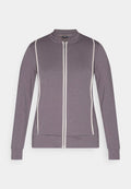 Lila Zip-Jacke mit langen Ärmeln und weißen vertikalen Paspeldetails vorne, mit Stehkragen und gerippten Bündchen.