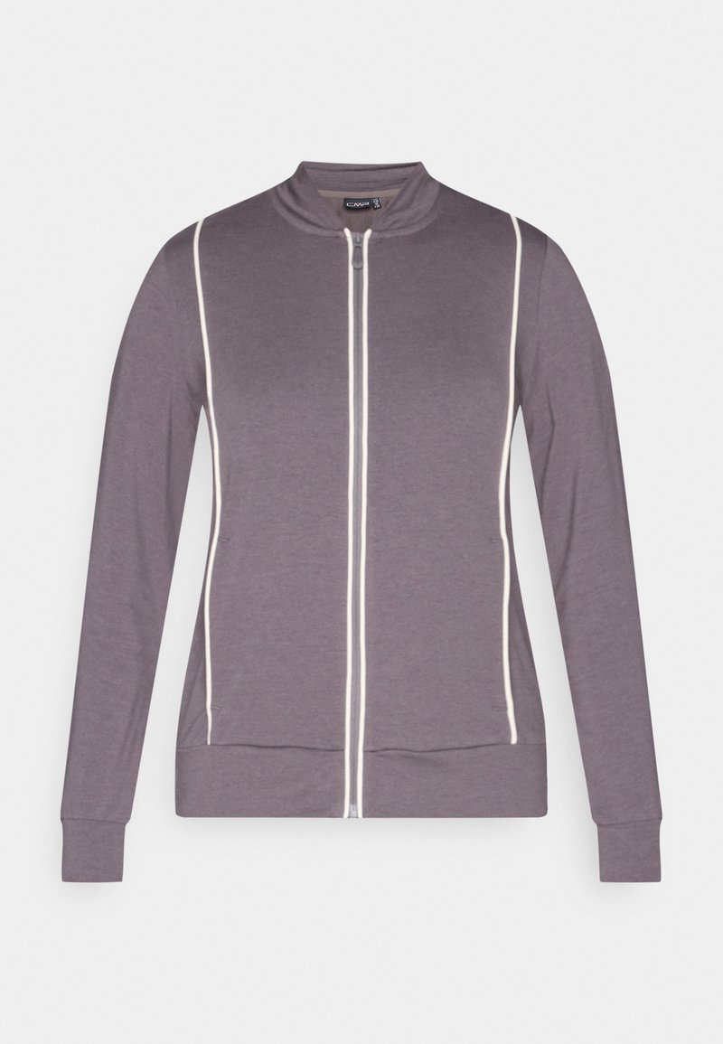 Lila Zip-Jacke mit langen Ärmeln und weißen vertikalen Paspeldetails vorne, mit Stehkragen und gerippten Bündchen.