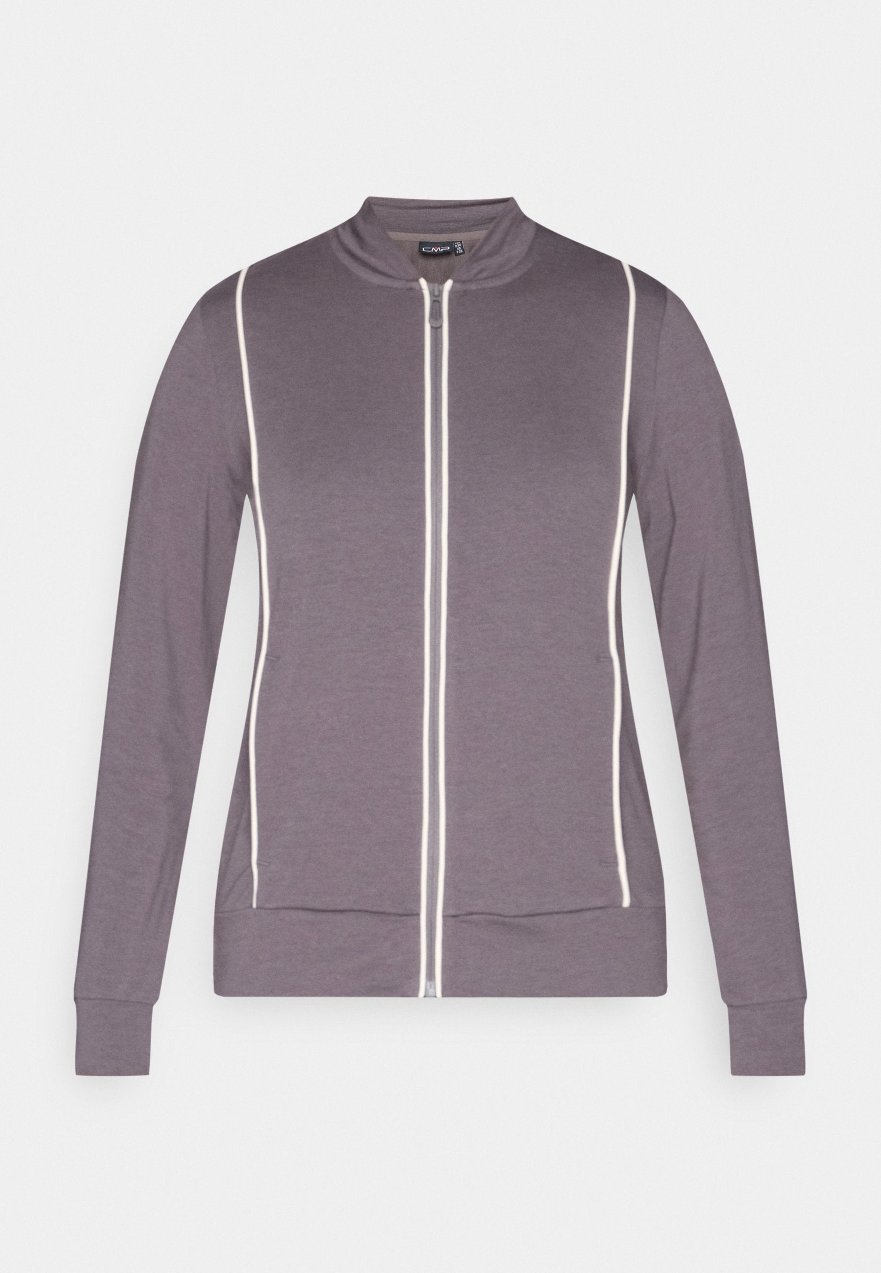 Lila Zip-Jacke mit langen Ärmeln und weißen vertikalen Paspeldetails vorne, mit Stehkragen und gerippten Bündchen.