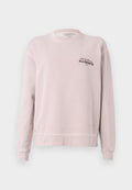 Hellrosa Sweatshirt mit langen Ärmeln, Rundhalsausschnitt, gerippten Bündchen und schwarzem Schriftzug "Infinite Summer ALLSAINTS London" auf der linken Brust.