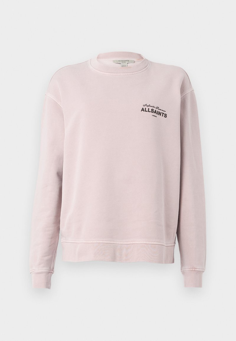 Hellrosa Sweatshirt mit langen Ärmeln, Rundhalsausschnitt, gerippten Bündchen und schwarzem Schriftzug "Infinite Summer ALLSAINTS London" auf der linken Brust.