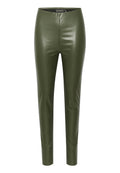 Olivgrüne Kunstlederhose im Slim-Fit-Stil, mit hoher Taille und glatter, glänzender Textur. Keine sichtbaren Beschläge oder Muster.